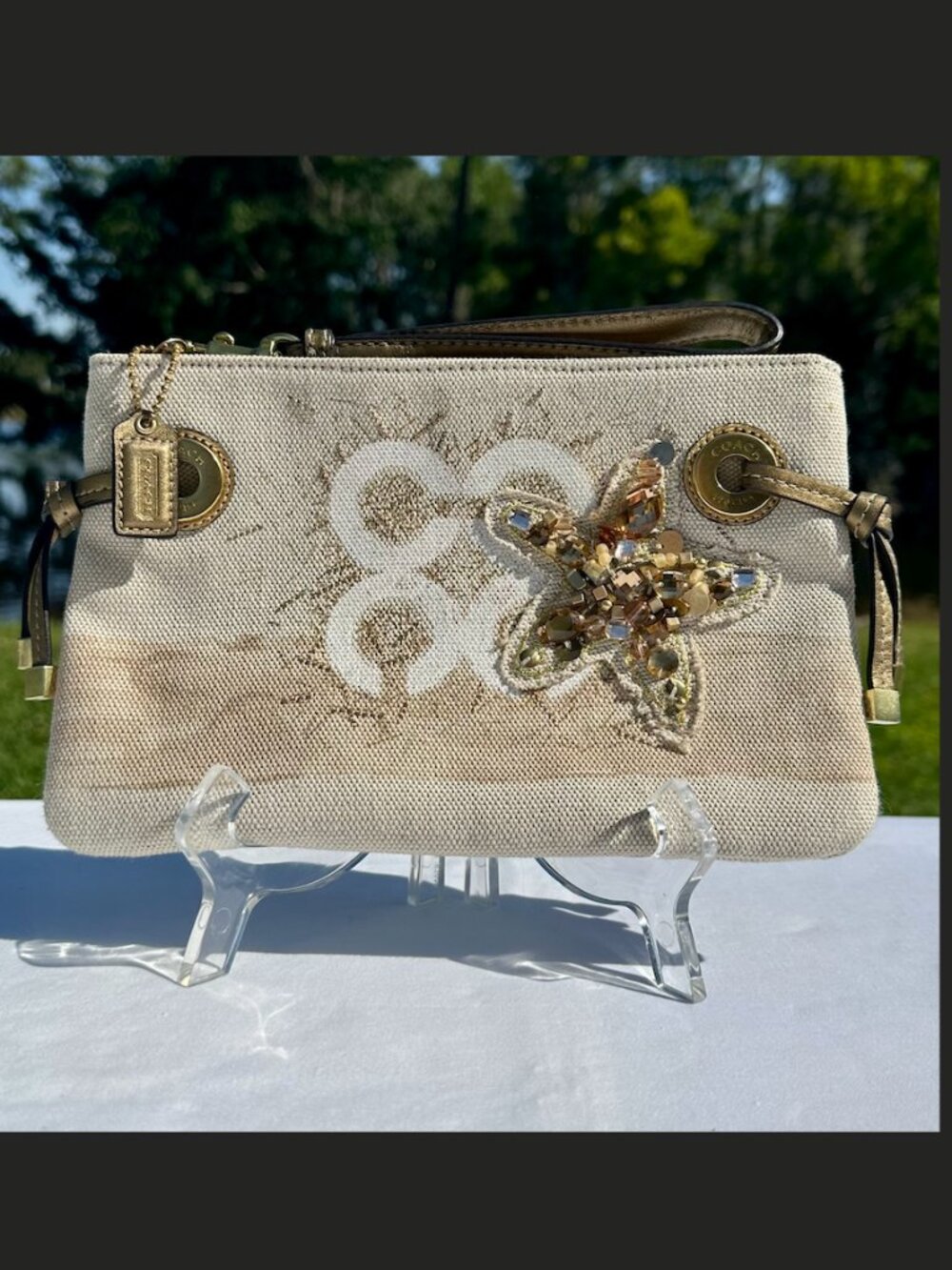 Coach Audrey Gold Beaded Starfish Natural Canvas Large Travel Wristlet 45535